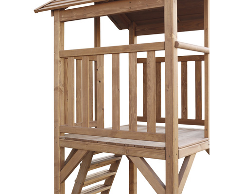 Vue détaillée d''une cabane de jeux en bois avec rambarde et échelle