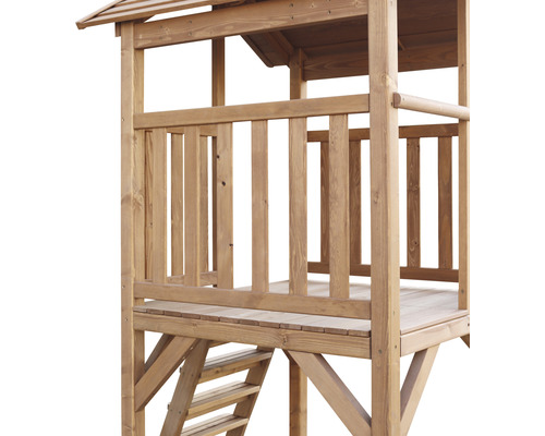 Vue détaillée d''une cabane de jeu en bois avec échelle et toit