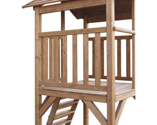 Vue détaillée d''une cabane en bois avec rambarde et échelle