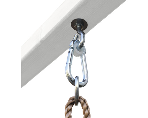 Fixation de balançoire avec mousqueton sur poutre en bois