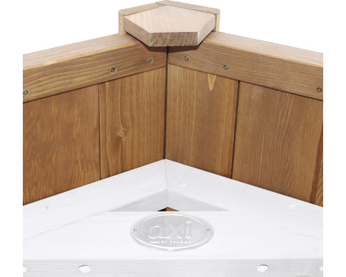 Vue détaillée d''un potager surélevé en bois avec le logo AXI