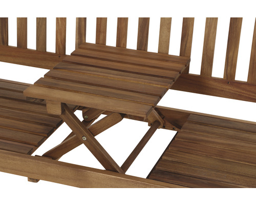Vue détaillée d''un banc de jardin en bois avec table pliante