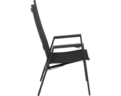 Chaise de jardin avec accoudoirs en métal et textile, vue latérale