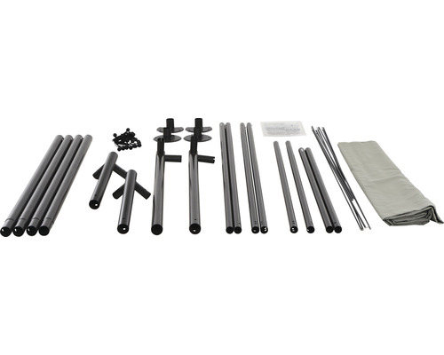 Pièces détachées d''un pavillon composées de barres, de vis et d''une couverture