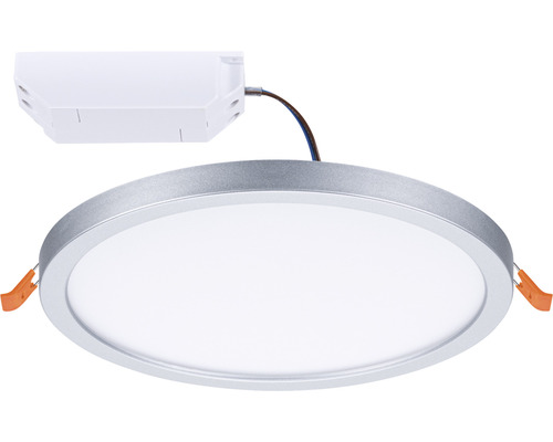 Runde LED Einbauleuchte mit silberfarbenem Rahmen und Anschlussdose