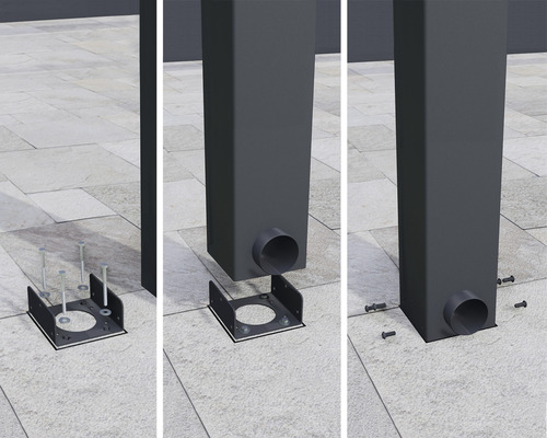 Illustration du montage d''un support de poteau avec des vis