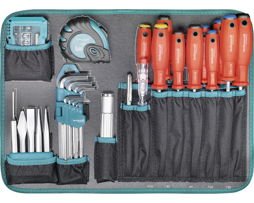 Werkzeugsatz mit Schraubendrehern, Inbusschlüsseln, Spannungsprüfer, Messband und anderem Werkzeug