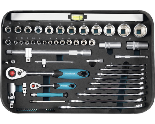 Werkzeugkoffer mit Steckschlüsselsatz, Schraubenschlüsseln und Wasserwaage