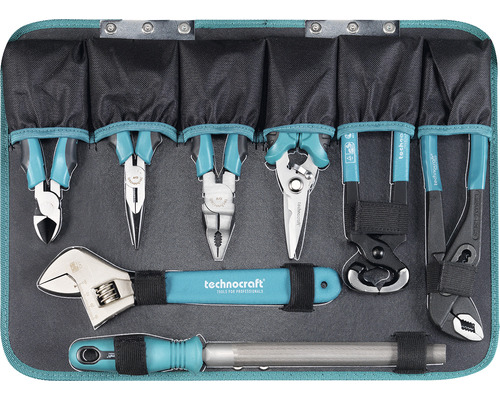 Werkzeugsatz in einer Werkzeugtasche mit verschiedenen Zangen, Schraubenschlüssel und Feile