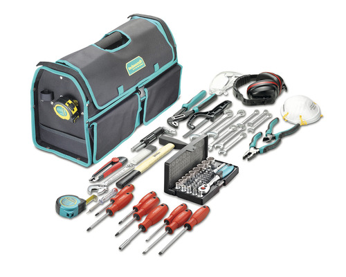 Sac à outils avec assortiment d''outils, comprenant clés, marteau, tournevis et équipement de protection
