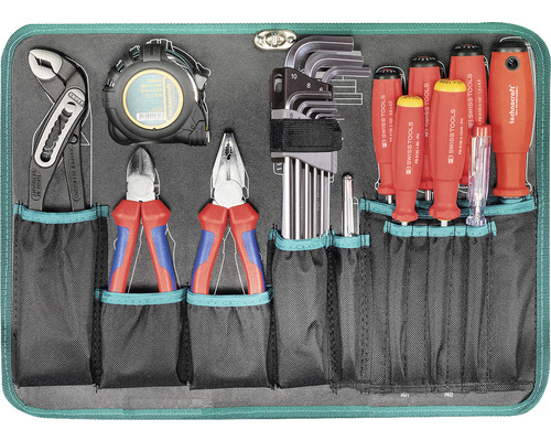 Werkzeugsatz mit Zangen, Schraubendrehern, Inbusschlüsseln und Maßband in einer Werkzeugtasche