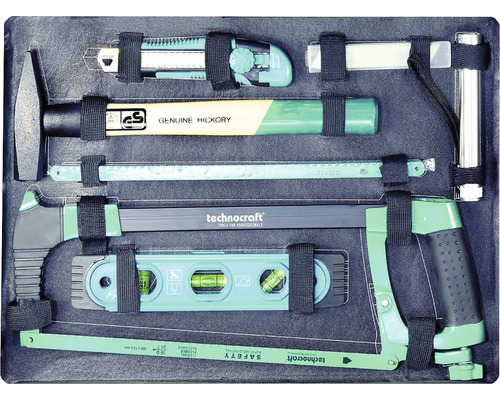 Werkzeugsatz mit Hammer, Cuttermesser, Säge und Wasserwaage im Aufbewahrungskoffer