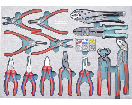 Werkzeugsortiment mit verschiedenen Zangen und Kabelschuhen