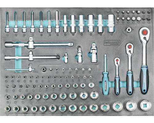 Assortiment d''outils dans un rangement à outils gris avec différentes clés, douilles et embouts