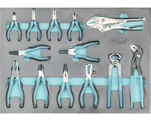 Assortiment d''outils avec différentes pinces et étau dans un rangement d''outils gris