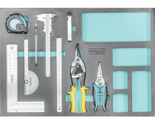Assortiment d''outils avec instruments de mesure, ciseaux et logo Technocraft