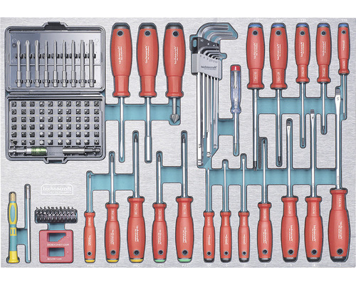 Assortiment d''outils Technocraft avec tournevis, embouts, clés mâles et accessoires dans un rangement à outils