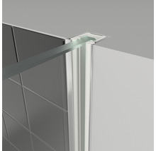 Detailaufnahme eines Duschwandprofils mit Glaseinsatz in einem Badezimmer