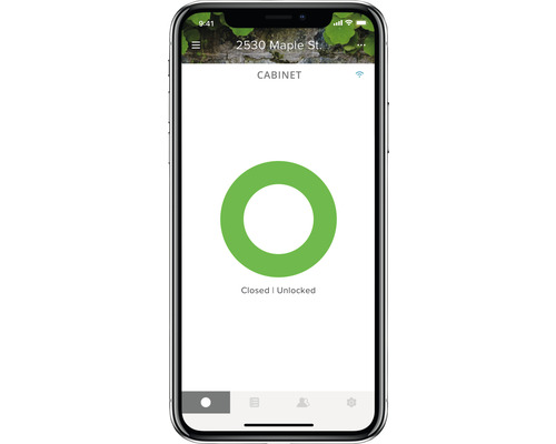 Smartphone-Anwendung mit Anzeige: Schrank geschlossen und nicht verriegelt.