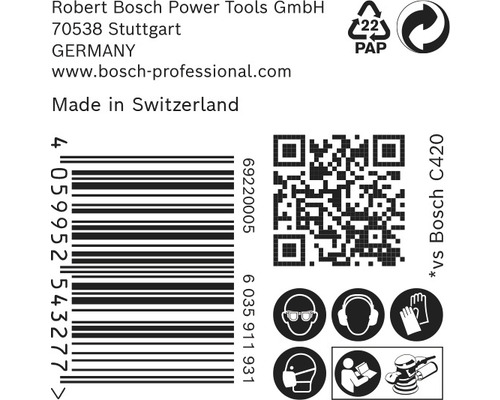 Informationen zu Robert Bosch Power Tools, Barcode, QR Code, Papierverpackungskennzeichen, Schutzvorkehrungen