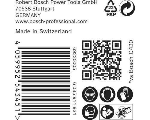 Produktverpackung mit Informationen zu Robert Bosch Power Tools GmbH, Barcode, QR-Code, Recyclinghinweis und Sicherheitsvorkehrungen