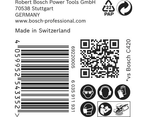 Informations sur Robert Bosch Power Tools GmbH, code-barres, code QR et équipement de protection requis