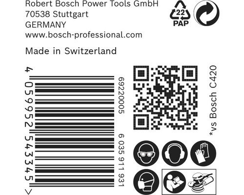 Informations sur Robert Bosch Power Tools, code-barres, code QR et consignes de sécurité.