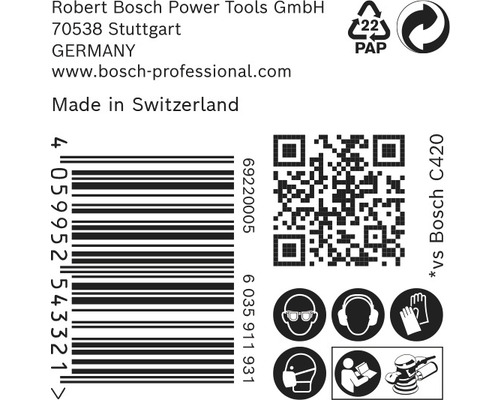 Informations sur Robert Bosch Power Tools GmbH, code-barres, code QR et consignes de sécurité