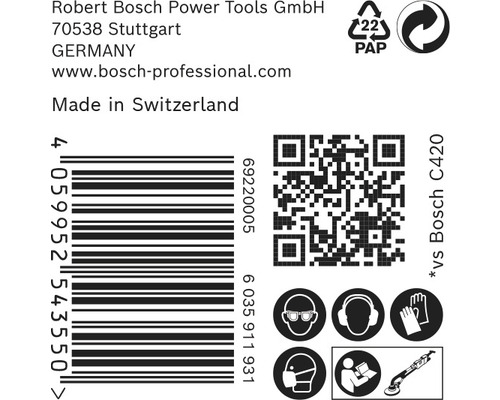 Informations sur Robert Bosch Power Tools, code-barres, code QR, symbole d''emballage papier, symboles d''équipement de protection obligatoire et symbole d''appareil