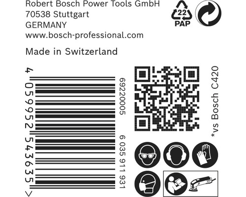 Informations sur Robert Bosch Power Tools, code-barres, code QR, emballage papier et symboles de protection