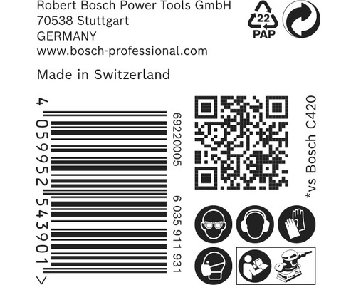 Informations sur Robert Bosch Power Tools, code-barres, symbole de recyclage du papier, code QR et consignes de sécurité