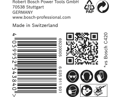 Informations sur Robert Bosch Power Tools GmbH, code-barres, code QR et consignes de sécurité