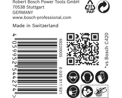 Informations sur Robert Bosch Power Tools, code-barres, code QR, symbole de recyclage, consignes de sécurité