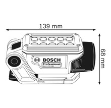 Logo Bosch. Dimensions de la lampe de chantier sans fil : 139 mm de large et 68 mm de haut.