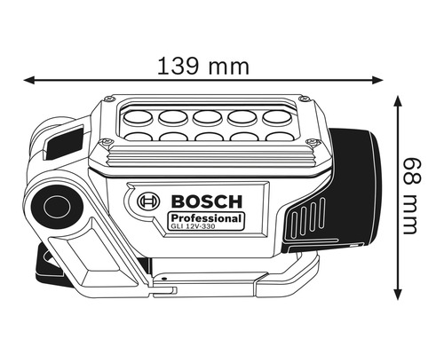 Logo Bosch. Dimensions de la lampe de chantier sans fil : 139 mm de large et 68 mm de haut.