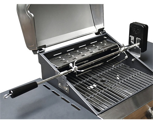 Grill mit Grillspiess und offener Haube