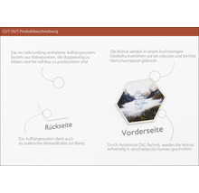 Produktbeschreibung einer Cut-Out Wanddekoration mit rückseitigen Klebepunkten und einem Motiv auf der Vorderseite