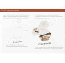 Produktbeschreibung Cut-Out mit Informationen zu Aufhängesystem, Direktdruckverfahren und CNC-Technik