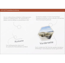 Produktbeschreibung Cut-Out: Rückseite und Vorderseite mit Strandmotiv auf Hartschaumpaneel, inklusive Klebepunkte zur Befestigung.