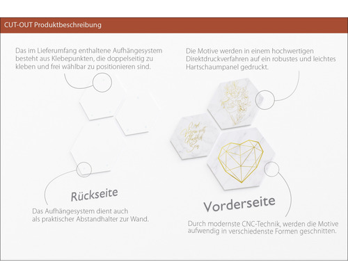 Produktbeschreibung Cut-Out mit Informationen zu Aufhängesystem und Motiven