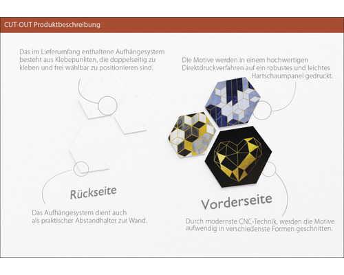 Produktbeschreibung von Cut-Out: Befestigungssystem mit Klebepunkten, Motive im Direktdruck auf Hartschaumpaneel, Rückseite und Vorderseite