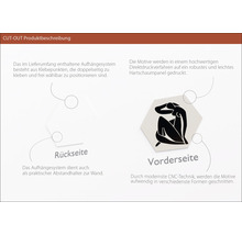 Produktbeschreibung Cut-Out: Rückseite und Vorderseite einer Wanddekoration aus Hartschaum mit Klebepunkten zur Befestigung