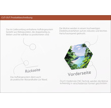 Produktbeschreibung: Vorder- und Rückseite eines Wandbildes in Hexagonform mit Befestigungspunkten