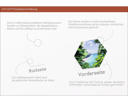 Produktbeschreibung: Vorder- und Rückseite eines Wandbildes in Hexagonform mit Befestigungspunkten