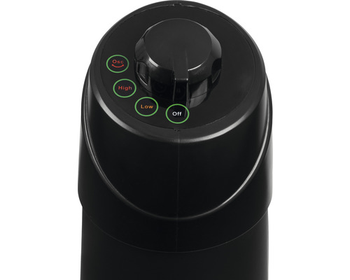 Nahaufnahme der Bedienelemente eines Ventilators mit Schalter für Aus, Niedrig, Hoch und Oszillation