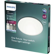 Emballage d'un plafonnier LED Philips avec fonction de commutateur de scène et puissance de 15 watts.