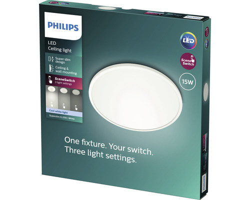 Emballage d'un plafonnier LED Philips avec fonction de commutateur de scène et puissance de 15 watts.