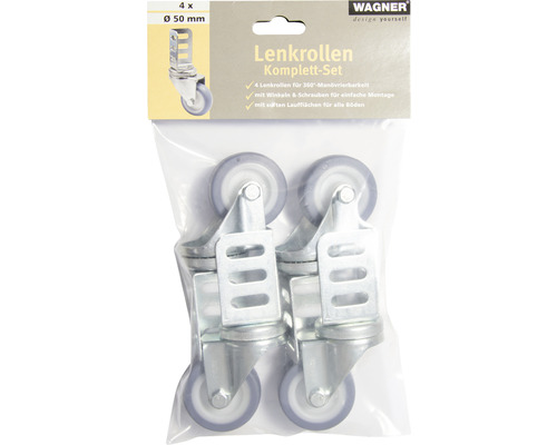 Kit complet de roulettes pivotantes Wagner, quatre roulettes pivotantes de 50 millimètres de diamètre dans un sac en plastique