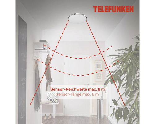 Plafonnier Telefunken avec une portée de capteur maximale de 8 mètres dans un couloir