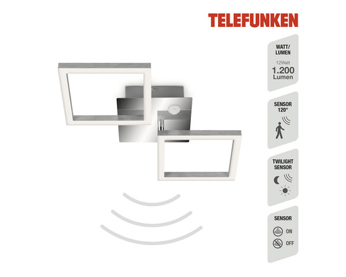 Logo Telefunken. Luminaire d''extérieur avec puissance de 12 watts, flux lumineux de 1200 lumens, capteur à 120 degrés, capteur crépusculaire et interrupteur marche/arrêt du capteur.